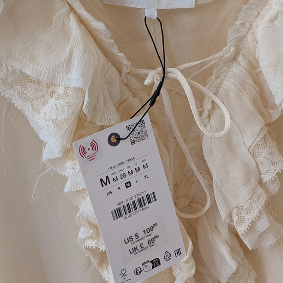 NWT Zara Lace Ruffled Tie-front V-Neck Dress In Cream - M - Picture 8 of 8